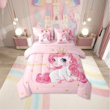 Imagem de Erosebridal Jogo de cama casal de unicórnio rosa em uma bolsa para meninas | Conjunto de cama de 7 peças de princesa kawaii com estrelas fofas, conjunto de edredom com lençol de cavalo de desenho