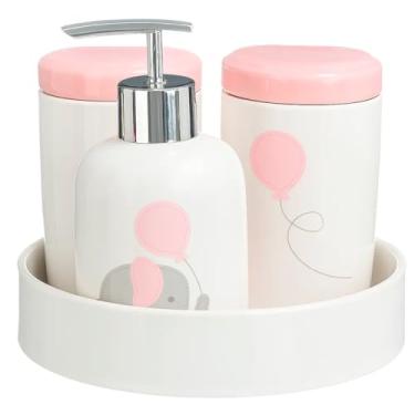 Imagem de Kit Higiene Bebê Porta Sabonete Líquido Bandeja Algodão Banheiro Lavabo Quarto Balãozinho (Rosa)