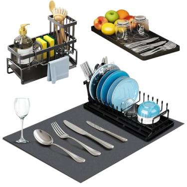 Imagem de Escorredor de louça pequeno, escorredor de pratos compacto com bandeja de silicone para bancada de cozinha, suporte de esponja de pia organizador de dispensador de sabão com suporte de pano, tapete de