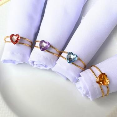 Imagem de Kit 06 Anel Argola Porta Guardanapo Metalico Mesa Posta Festa Coração de Cristal Colorido