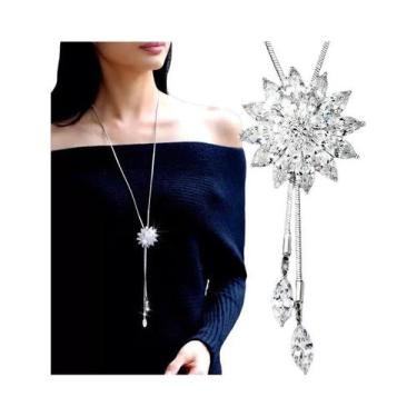 Imagem de Moda preto rosa flor longo colar camisola corrente de metal cristal pi