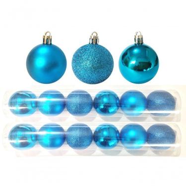 Imagem de Kit 12 Bolas Natal Mista Glitter Fosca Lisa Azul 8Cm