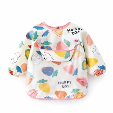 Imagem de Babador Manga Longa de Proteção Dupla Impermeável com Cata Migalhas - Morangos Branco