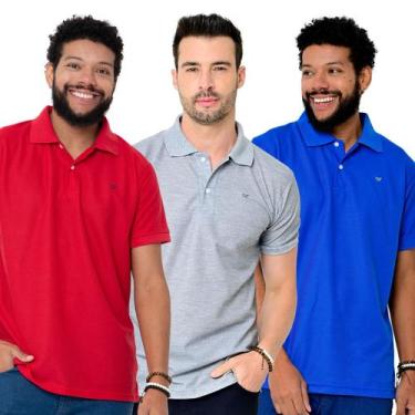 Imagem de Kit 3 Camisas Gola Polo Masculina Piquet Lisa Camisaria Colombo, Cinza