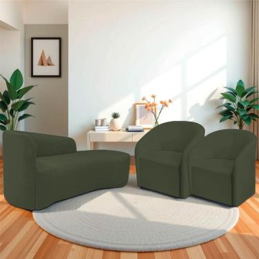 Imagem de Kit Sofá Curvo França 160cm Ld. E 2 Poltronas Luiza Max Conforto, Elegância E Design Moderno Linho Verde