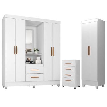 Imagem de Guarda Roupa Casal Capela Com Cômoda 4 Gavetas E Armário Multiuso Lite Branco Brilho - Móveis Leão