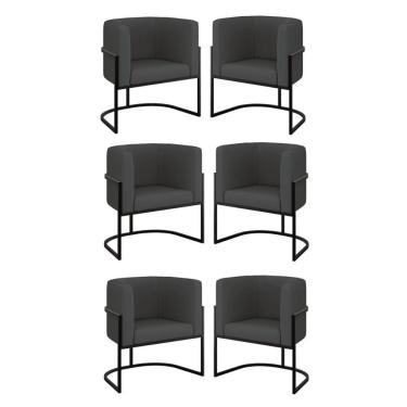 Imagem de Kit 06 Poltronas Lua Sala Decorativa Base Ferro Black Corino Cinza