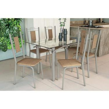 Imagem de Conjunto: Mesa Sala Jantar Elba C- Tampo De Vidro 150cm E 6 Cadeiras Florença Niquel - Courano Capuccino - Kappesberg
