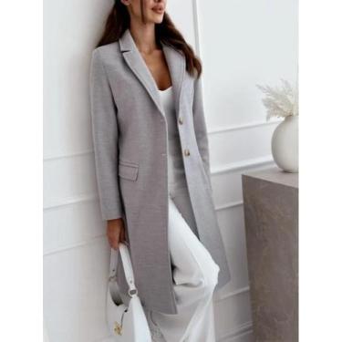 Imagem de Casaco Feminino Médio Longo Tweed - Detalhe de Botão, Cor Sólida, Outo