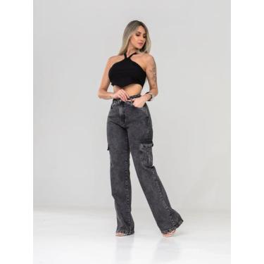 Imagem de Calça Wide Leg Cargo Feminina  Jeans Grafite Chumbo Marmorizado, Cintu