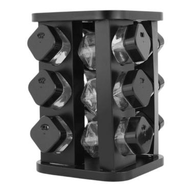 Imagem de Porta Condimentos Giratório Preto Com 12 Potes De Vidro