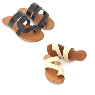 Imagem de KIT 2 Rasteirinhas Feminina Mod de Tiras Preta e Cavada Bege