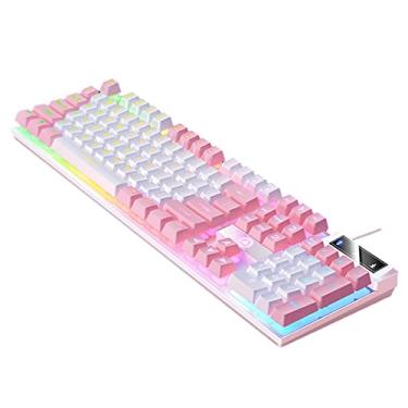 Imagem de balikha mecânico com fio para, controles multimídia com retroiluminação USB RGB Confortável 104 teclas de resposta rápida, para Windows Desktop, rosa branco