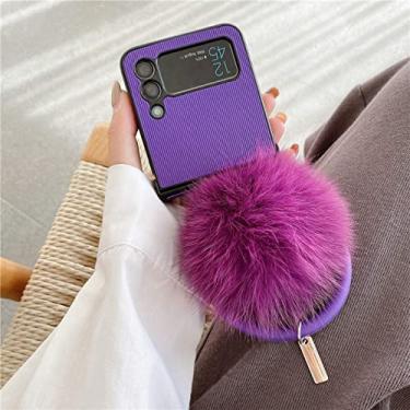 Imagem de Capa de telefone anti-queda de couro PU de luxo para Samsung Galaxy Z Flip 4 5G Z Flip 3 com alça de anel de mão de silicone macio bola de pele, roxo, para Samsung Z Flip 3