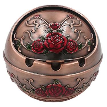 Imagem de Honoro Cinzeiro à prova de vento com tampa para uso externo e interno, cinzeiro portátil de metal com caixa de presente, rosa vermelha, bronze vermelho