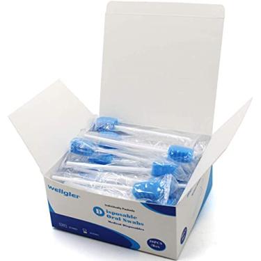 Imagem de Esponja descartável sem sabor para cuidados bucais, formato de dente azul (50 unidades)