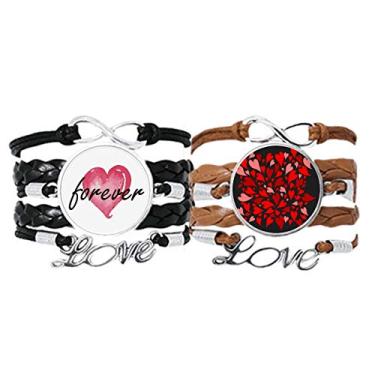 Imagem de DIYthinker Pulseira de couro com alça de mão para o dia dos namorados, preto, vermelho, rosa, corações, para sempre amor, conjunto duplo