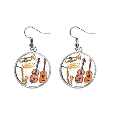 Imagem de Brinco feminino com pingente de prata e estampa de aquarela de instrumentos musicais