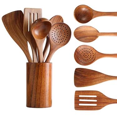 Imagem de Tmkit Colheres de madeira para cozinhar, utensílios de cozinha, conjunto de 6 espátulas de madeira de teca natural com suporte de utensílios, utensílios de cozinha de madeira com aderência confortável