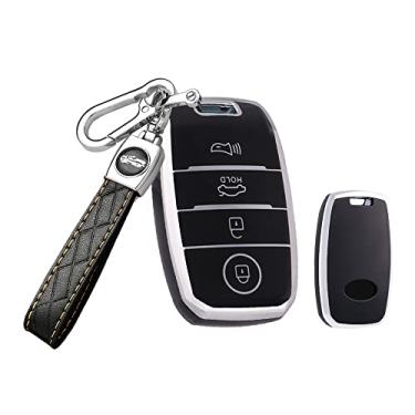 Imagem de HIBEYO Capa de chaveiro de 4 botões compatível com Kia Soul Carnival Sedona NIRO Sorento Sportage Rio Forte Optima Cerato Koup Suporte inteligente de TPU para Kia Accessoreis com chaveiros de couro -