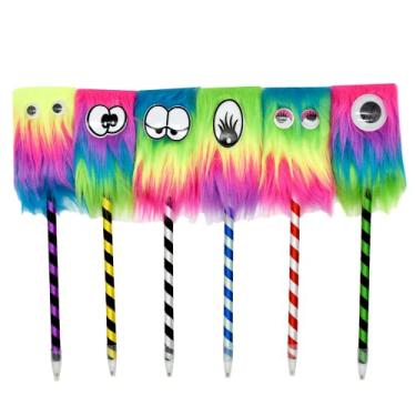 Imagem de Lopenle 6 peças de canetas divertidas de arco-íris fofas, canetas de monstro de Natal, canetas esferográficas de pelúcia, tinta azul para escola, escritório, aniversário, carnaval, festa, suprimento