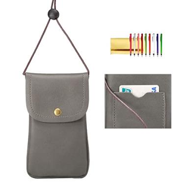 Imagem de Bolsa de pescoço para celular, bolsa de transporte de couro PU Techcircle com alça ajustável, bolsa de viagem pequena para iPhone 11 XR XS Max SE 8 7 6 Plus, Galaxy S10 S7 Edge A10 J7, Moto G6 (cinza)