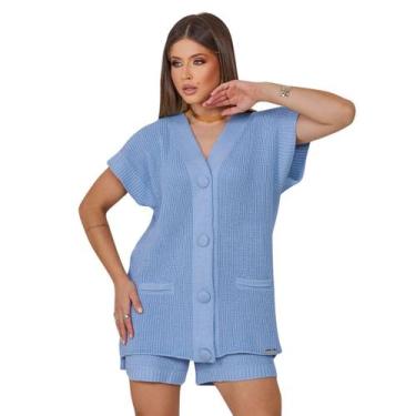 Imagem de Conjunto Saida de Praia Tricô Camisa Shorts Verão - Detroit Tricot, Az