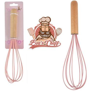 Imagem de Batedor de clara fouet manual de silicone rosa cabo madeira bons cheff