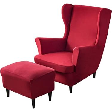 Imagem de Conjunto de capas de cadeira com asa elástica, 2 capas para cadeira com encosto e 1 capa otomana, capa removível para cadeira com encosto retangular para sala de estar e quarto (vermelha)