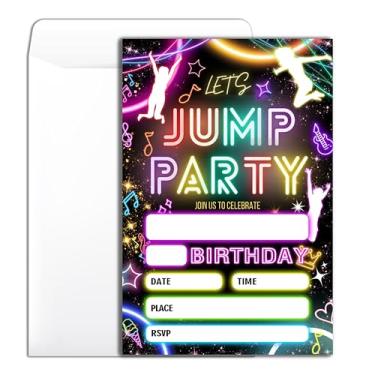 Imagem de Wybgno Convite de festa de aniversário Let's Jump 20 Bounce House Theme Party Neon Party Convite de aniversário com envelopes para meninos meninas cartões de convite de festa -4×6 polegadas -B011