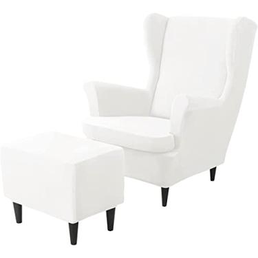 Imagem de Conjunto de capas de cadeira com asa elástica, 2 capas para cadeira com encosto traseiro e 1 capa otomana, capa removível para cadeira com encosto retangular para sala de estar e quarto (branca)