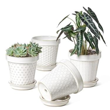 Imagem de LE TAUCI Vasos de cerâmica, vaso de flores de 15 cm com orifício de drenagem e pires, vasos de plantas em relevo para plantas de interior, suculentas, orquídeas, cactos, decoração de casa - conjunto