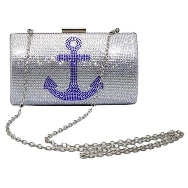 Imagem de Bolsa feminina náutica âncora glamour, bolsa noturna com strass brilhante, bolsas de mão luxuosas, bolso - glitter prateado com âncora de glitter azul, Prata