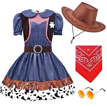 Imagem de ZZIHAN Meninas Fantasia De Cowgirl Infantil, Trajes Para Dramatização, Chapéu Cowboy, Bandanas, Cinto, Óculos Sol, Acessórios Meninas, Festa Aniversário, Dia Das Bruxas, Natal, Cospla