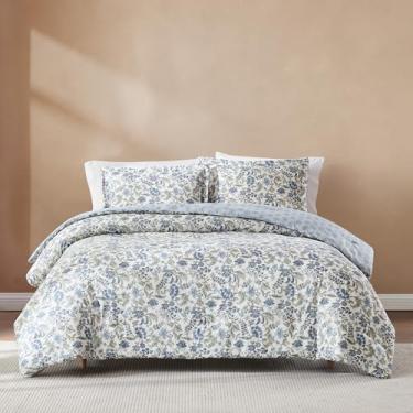Imagem de Lush Decor Lillian Conjunto de 3 peças de edredom reversível com estampa de blocos casal/queen azul e sálvia - conjunto de cama floral - edredom azul - decoração de casa de campo vintage