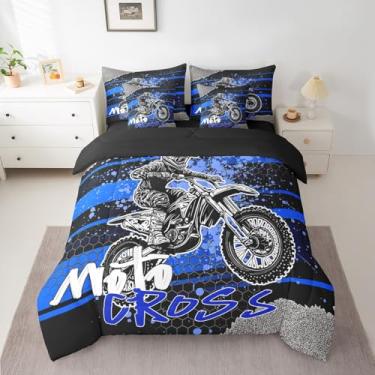 Imagem de Feelyou Conjunto de edredom infantil com lençol de 7 peças, para decoração de quarto de meninos e meninas, motocross, motocicleta, geométrico
