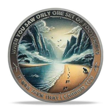 Imagem de RYUKENLM Footprints in the Sand Christian Challenge Coin Deuteronômio 31:8 Versículo da Bíblia Moedas Religiou Faith Token Inspirador Presente Cristão para Homens Mulheres