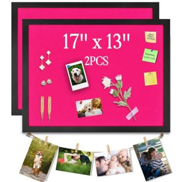 Imagem de Quadros de avisos rosa quadro de cortiça com feltro, 43 cm x 33 cm placa de exibição grande placa de visão para paredes, joias, notas, coleção, fotos, escritório, moldura de madeira (preto) e feltro (rosa), 2 peças