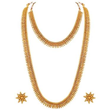 Imagem de Aheli Conjunto de colares e brincos longos banhados a ouro vermelho verde Maharani Haar Conjunto de joias presente para mulheres, Standard, Metal