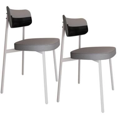 Imagem de Kit 02 Cadeiras Estofada Para Sala De Jantar Astrid Branco C01 Linho Cinza Courino Preto - Lyam Decor