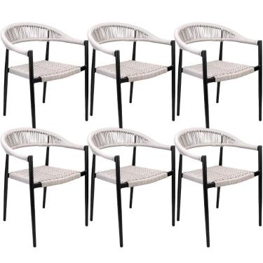 Imagem de Kit 06 Cadeiras Decorativas área Gourmet Base Preto Corda Náutica Nevada R01 Amêndoa - Lyam Decor