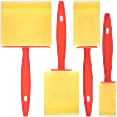 Imagem de HINZIC 4 pincéis de tinta de espuma, 4 tamanhos de ferramentas de pintura de esponja com cabo de madeira, pincel de esponja para manchar vernizes faça você mesmo artesanato de grande área - amarelo