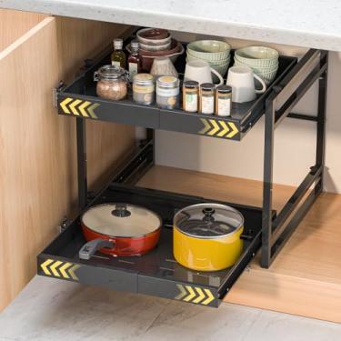 Imagem de REALINN Organizador de armário de 2 camadas, prateleiras deslizantes de 53 cm de profundidade, gavetas de armário resistentes expansíveis de 35,5 a 57 cm de largura para panelas de cozinha