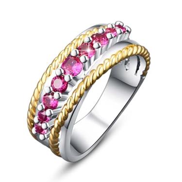 Imagem de Psiroy Anel cruzado entrelaçado de 2 tons, moda grossa, anel feminino com espinélio de rubi simulado, amplo índice, bijuteria, Zircônia cúbica, Zircônia cúbica