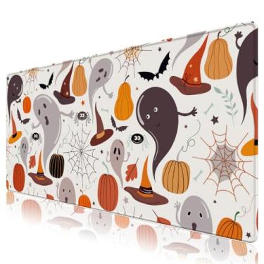 Imagem de Lauspuck Lindo tapete de decoração de mesa fantasma de Halloween, mouse pad grande para jogos com bordas costuradas, tapete de mouse de jogo de computador para teclado e laptop (adesivos de Halloween)