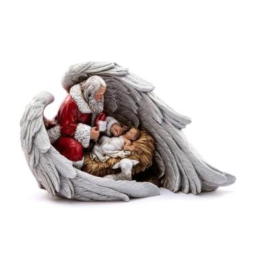 Imagem de Napco Imports 53428 Papai Noel com bebê Jesus abrigado por asas de anjo da guarda 30 x 12 x 12 x 12 cm, estatueta de Natal colecionável de pedra de resina durável, decoração de casa de férias