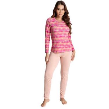 Imagem de Pijama Feminino Estampado Confortável Suede Canelado Inverno Conforto 
