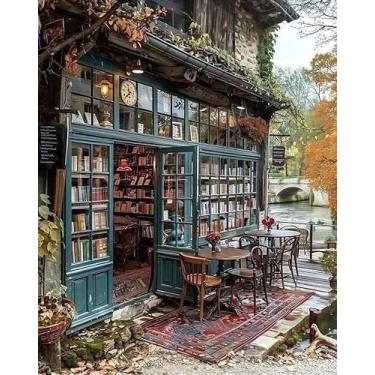 Imagem de Yunruily Paint by Numbers Livraria para adultos - Kits de pintura por números para adultos, pintura por números para adultos, decoração de parede de casa (40,6 x 50,8 cm)
