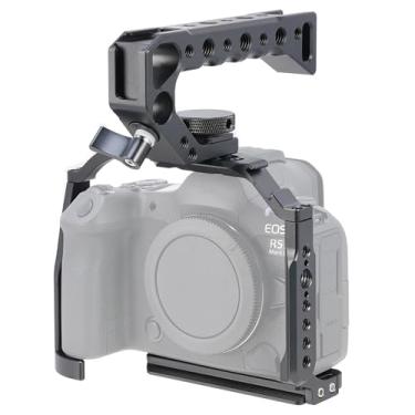 Imagem de FocusFoto Kit de gaiola de câmera com alça superior para câmera vlogging sem espelho Canon EOS R5 Mark II, estabilizador de vídeo de alumínio com trilho NATO, sapata fria, montagem de parafuso de 1