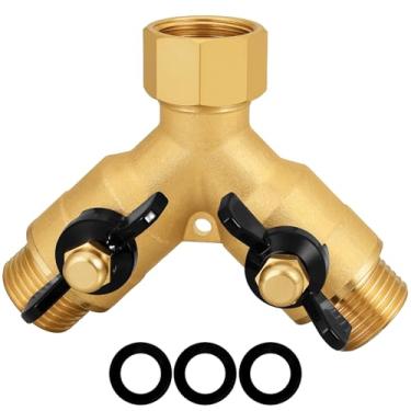 Imagem de SIGURANTA Divisor de mangueira de jardim de fluxo alto bidirecional de latão resistente, conector de desvio de válvula Y para torneira externa com alça de borboleta, adaptador de mangueira de água de